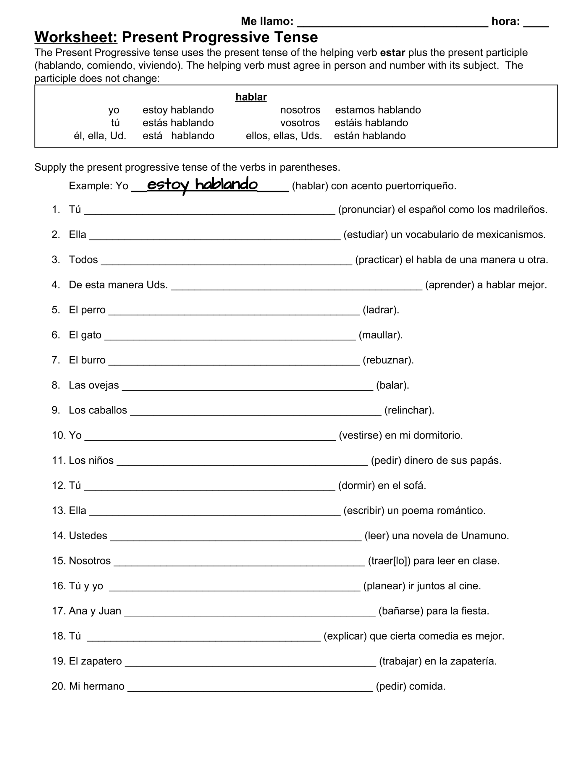 Presente Progresivo Worksheet Spanish Present Progressive