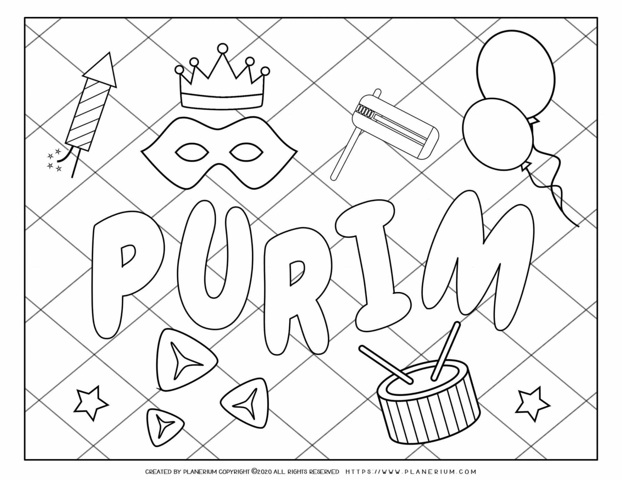 Purim Coloring Page Symbols Grid Background Planerium