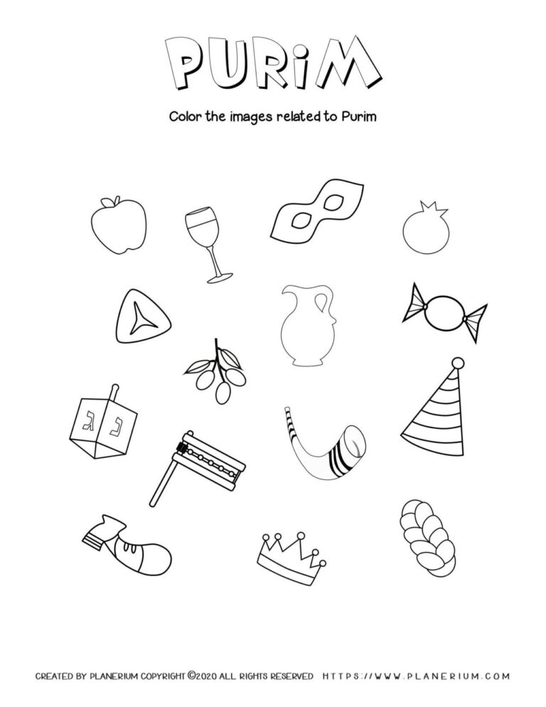 Purim Worksheet Color Holiday Related Items Planerium