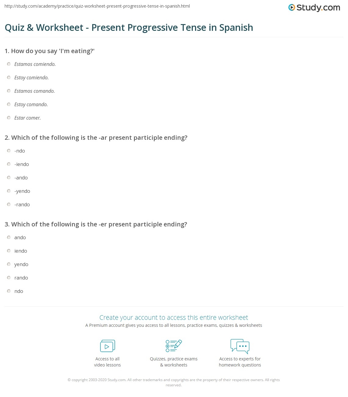 Quiz U0026 Worksheet Present Progressive Tense In Spanish Study 