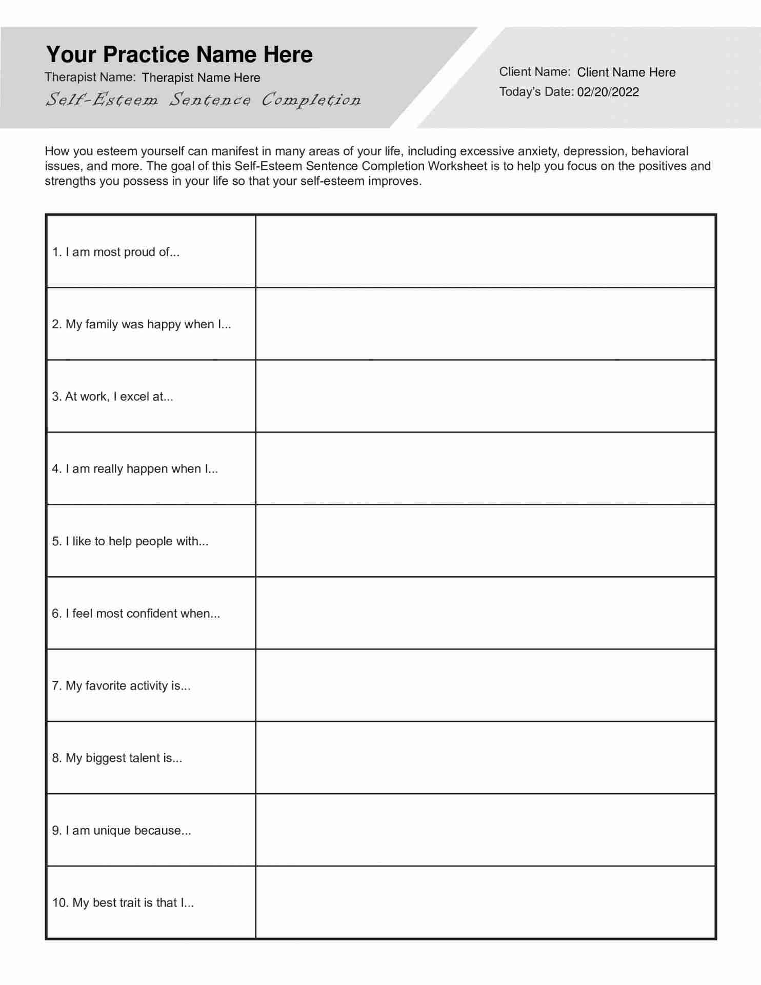 Self Esteem Sentence Completion Worksheet PDF