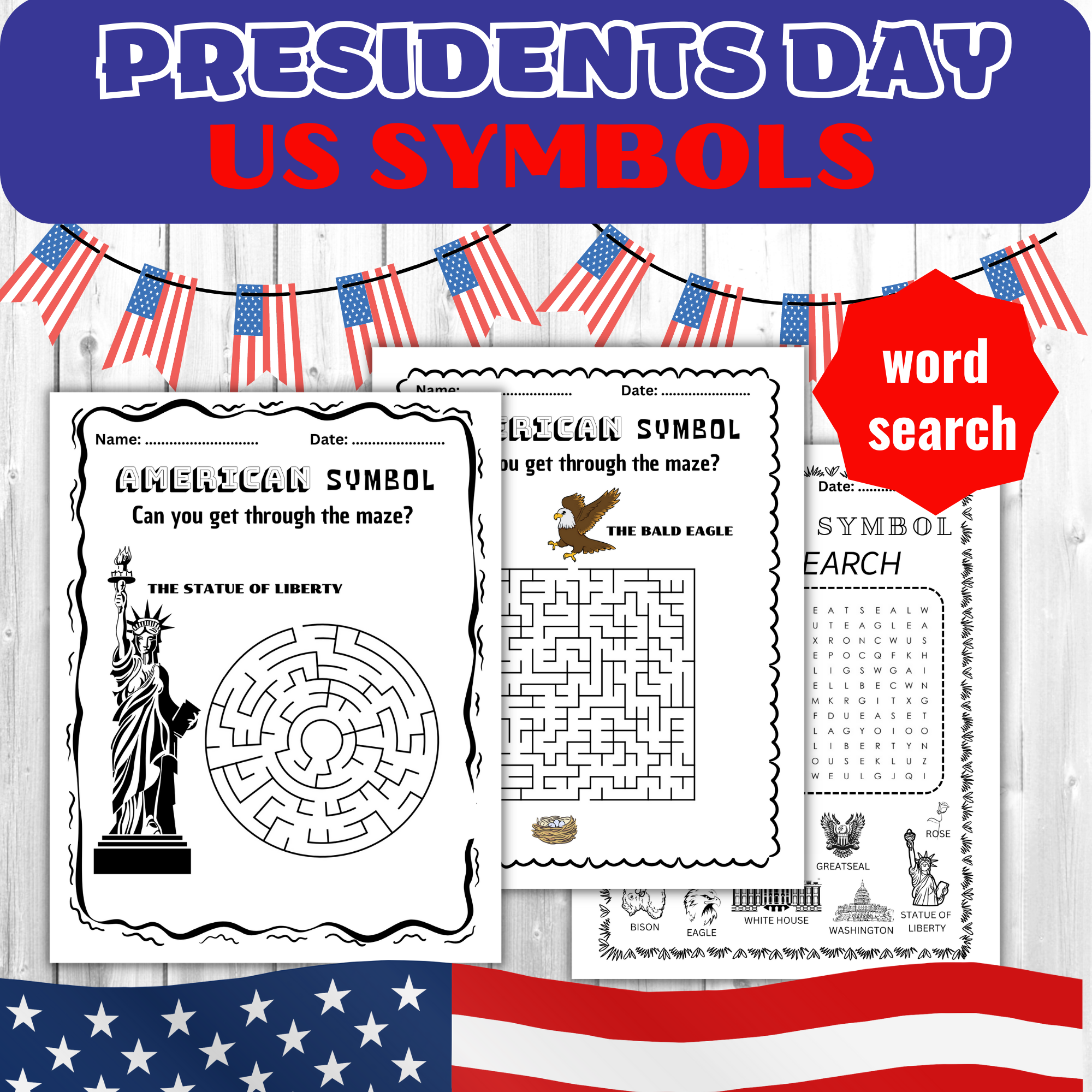 USA PRESIDENT S DAY And U S Symbols WORD SEARCH Acitivites For 
