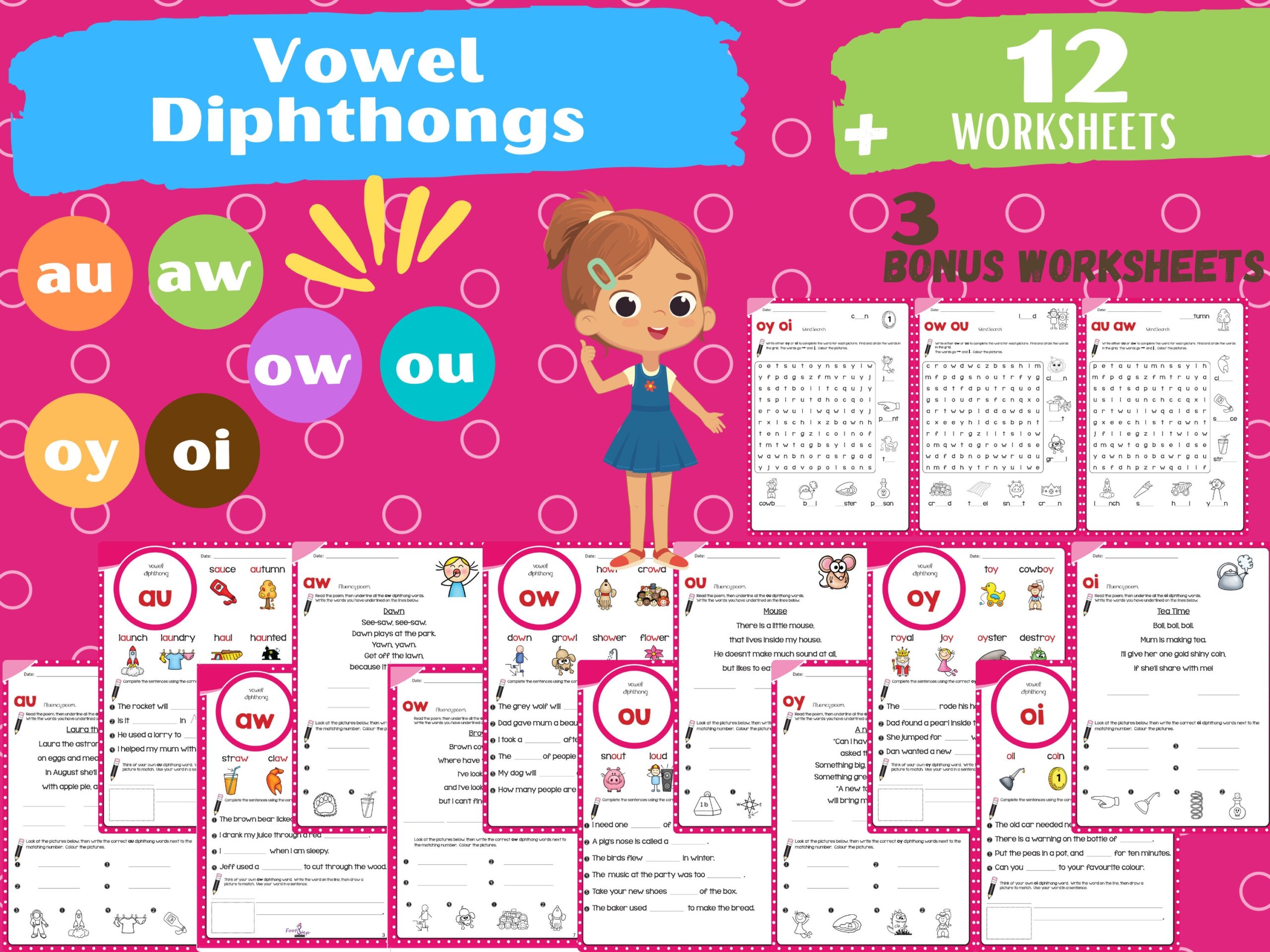 Vowel Diphthongs au aw ow ou oy oi Long Vowel Sounds Worksheets For School And Home Use Etsy UK