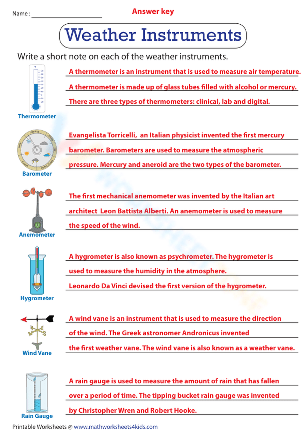 Free Printable Weather Instruments Worksheet Pdf