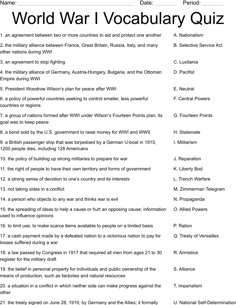 Free Printable World War 1 Worksheets